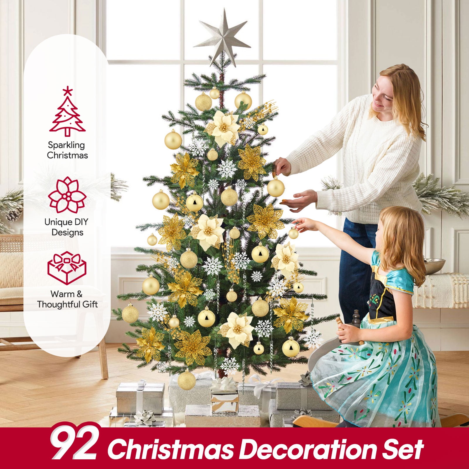 Ayieyill, Christmas Decorations, 92pcs, Includes Poinsettia