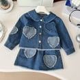 thumbnail image 2 of Vividxx Girls Outfits Sets Casual Denim Jacket And Skirt Two Piece Outfits Sets With Patchwork Heart Design For Toddler Kids Age 2-10 Years Fall Everyday Wear Solid Color O-Neck Trendy Dailywear, 2 of 9