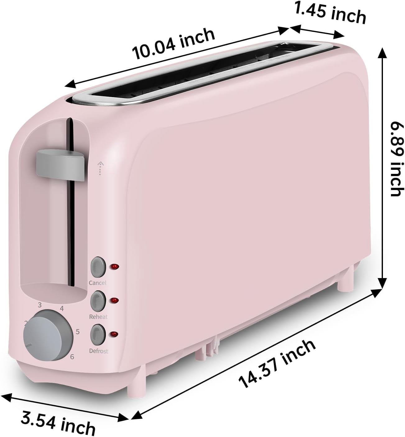 2-Slice Slim Toaster, 6 Shade Settings with Cancel, Reheat & Defrost, 10" Long Slot, Auto Shut off, Removable Crumb Tray, Pink
