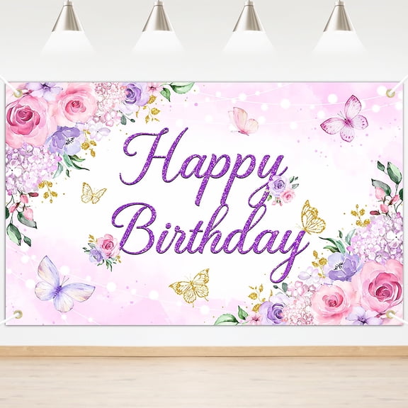 Mocsicka Happy Birthday Backdrop Purple Floral Butterfly Birthday Banner for Girl Women Party Decorations Photo Background