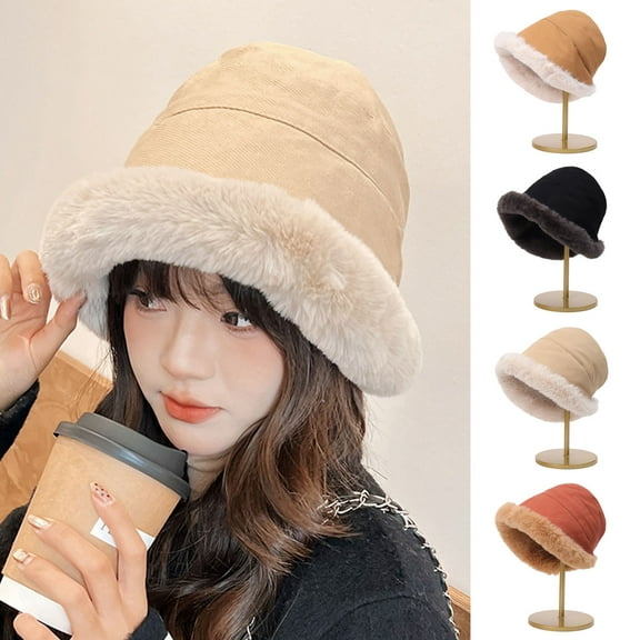 dianhelloya Women Winter Fishman Hat Faux Fur Decor Color Matching Warm Windproof Thick Soft Anti slip Ear Curled Edge Lady Winter Cap Black