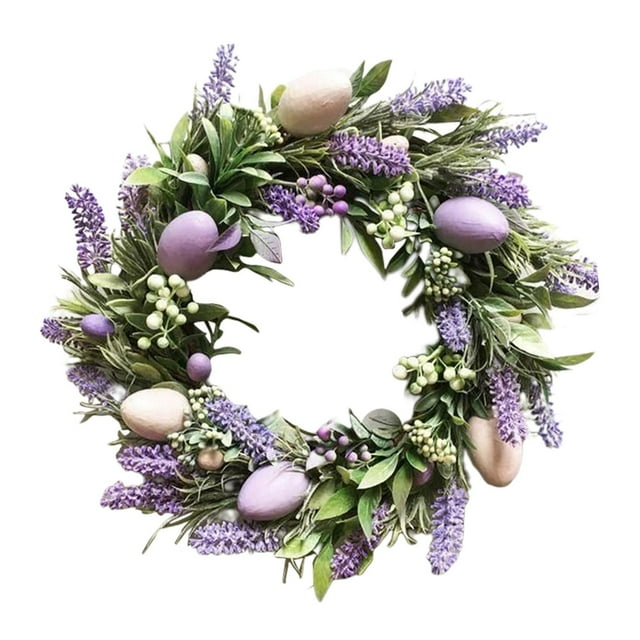 veasfak Round Easter Wreath with Pastel Eggs Front Door Spring Pendant Artificial Flower E