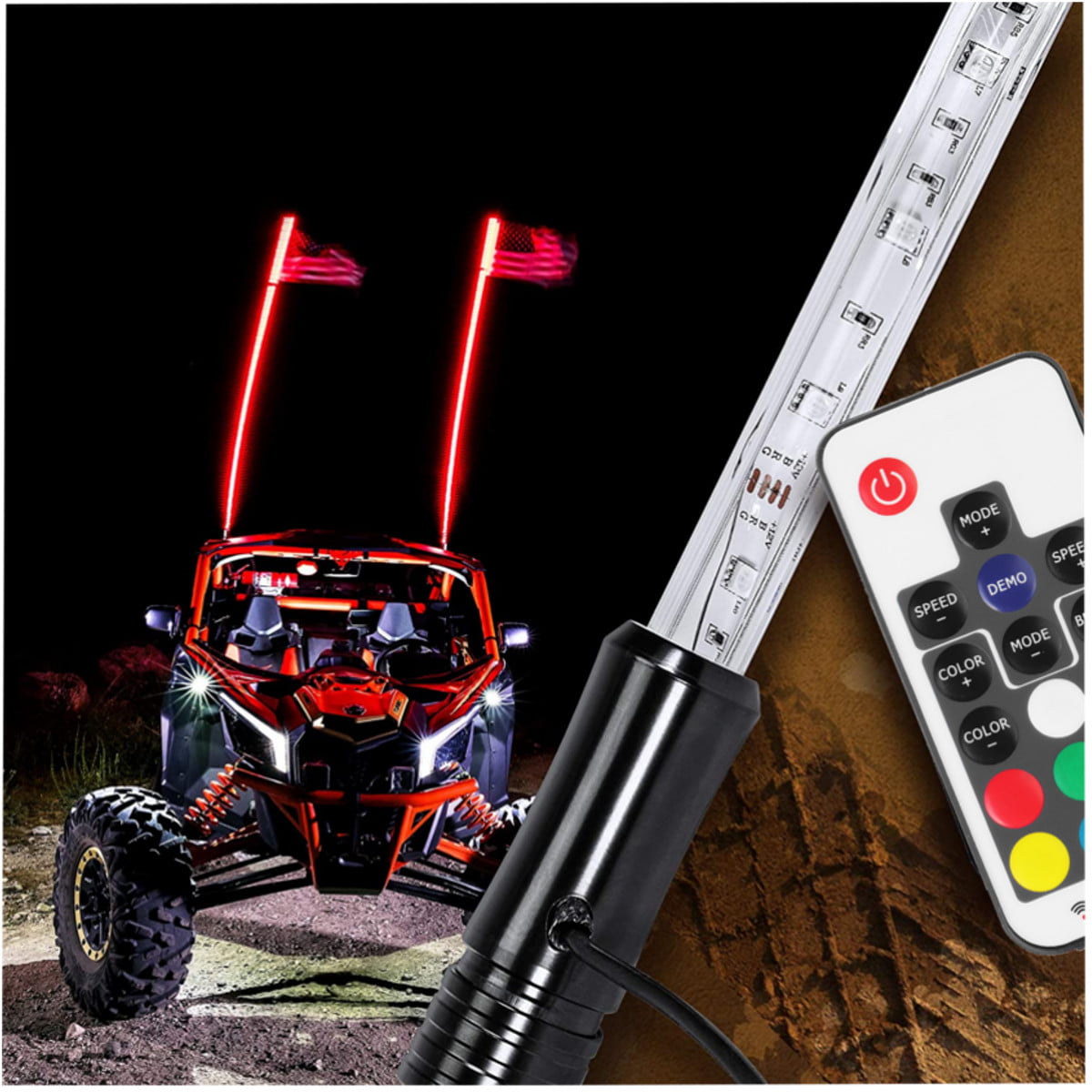 ATV UTV Can Am Maverick X3 Yamaha Xprite 4ft Remote Control LED Flag Pole Whip Lights with Multi- Colors for Polaris RZR XP 1000 