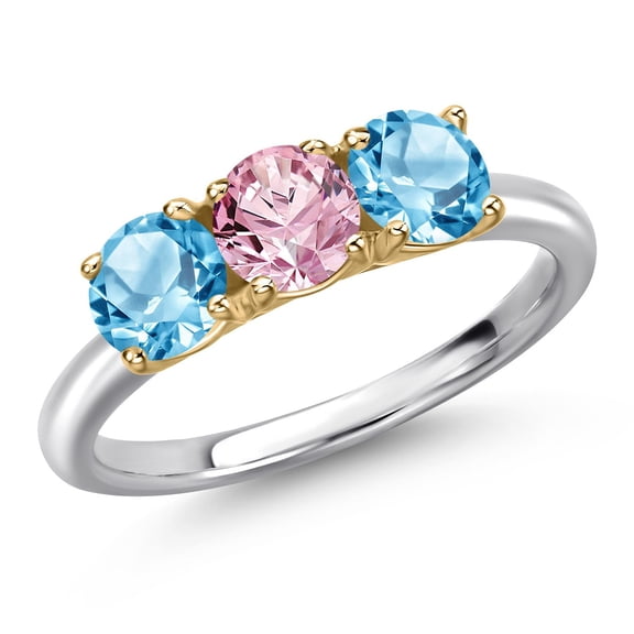 Gem Stone King 925 Silver and 10K Yellow Gold Pink Lab Grown Diamond and Swiss Blue Topaz Engagement Ring for Women | 1.80 Cttw | Round 5MM | Gemstone April Birthstone | Size 6