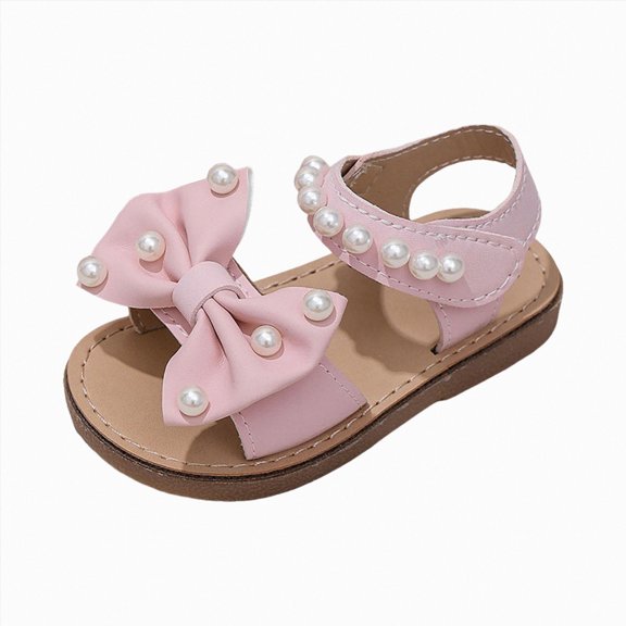 Ymyiu Toddler Sandals Girl Girl's Bow Flat Slip On Sandals Cute Fashion Trendy Summer Vacation Round Open Toe Summer Slides Sandal Size 9 (Pink,Toddler 9)