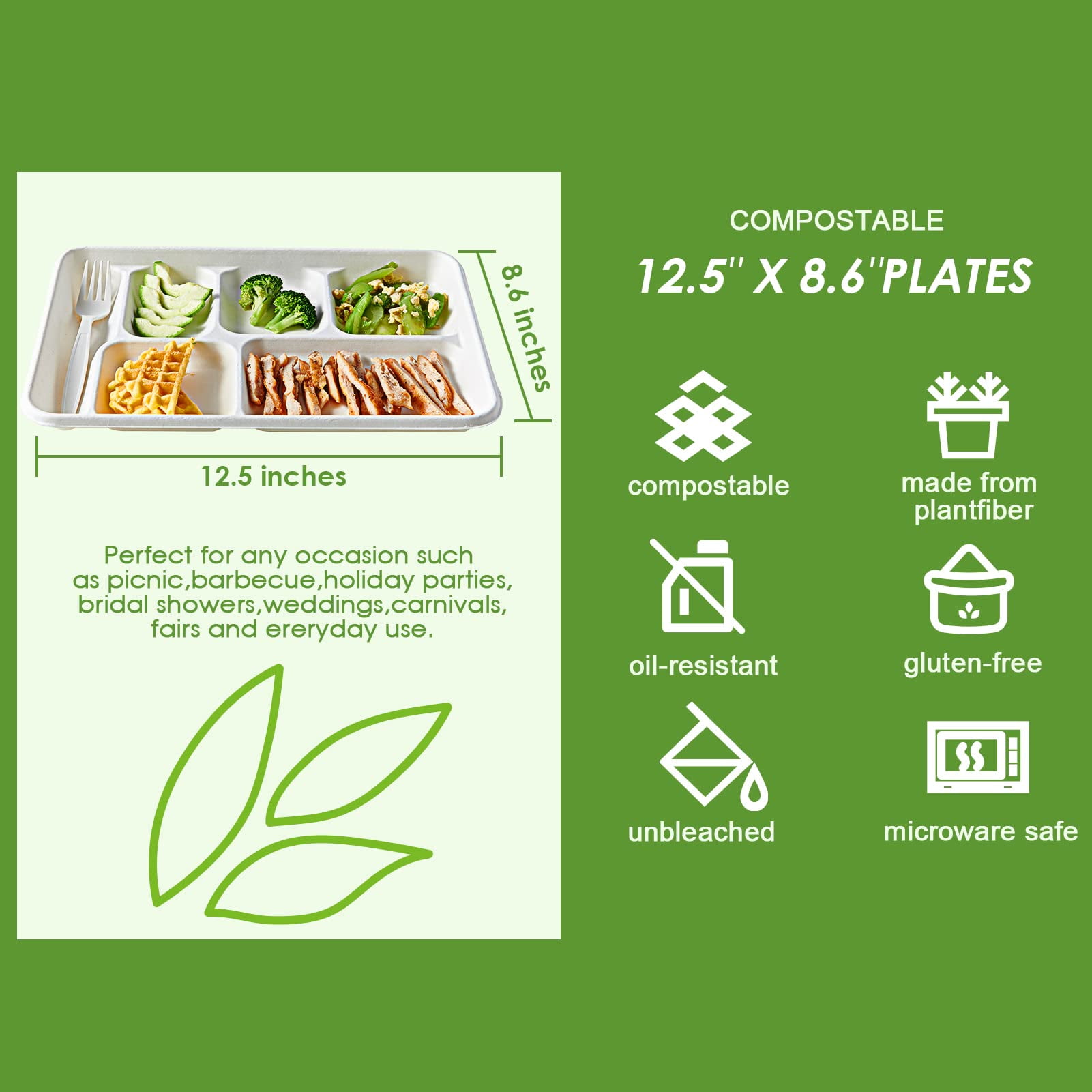 Vplus 100% Compostable 6 Compartment Plates, AFN190 Pack Compartment Paper Plate, 12.5x8.6 inch Disposable School Lunch Trays, Eco-Friendly Bagasse Plates for School Lunch, Buffet, and Party