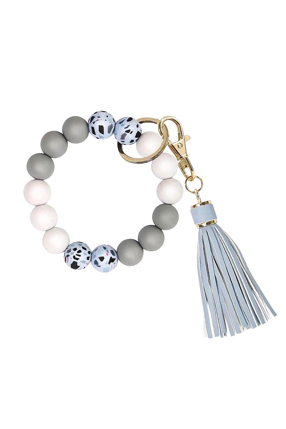 Hangs 2 Product Category Keychain Bracelet Silicone Key Ring Wristlet with Leather Tassel and Silicone Bead Design for Women and Girls