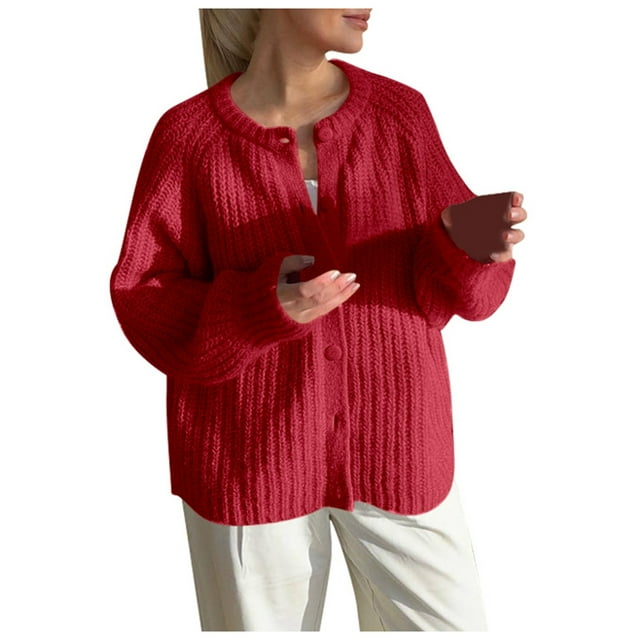 Aocisk Cardigan Surdimensionné pour Femmes, Chandail en Tricot Uni Douillet à Manches Longues, Manteau en Tricot Décontracté pour l'Automne, Rouge, P