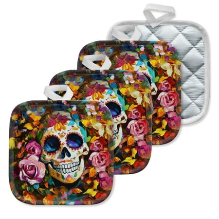 

4Pcs Pot Holder for Kitchen Beautiful Rose - Adorned Skull Composition Square Heat Resistant Hotpads 8x8in Non Slip Dirt-Proof Kitchen Cook Oven Potholders Machine Washable