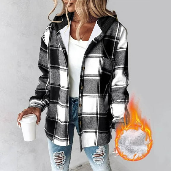 JUSLIO Button-Up Womens Tops Plaid Fleece Hoodies with Pockets Long sleeve Hoodies Black L