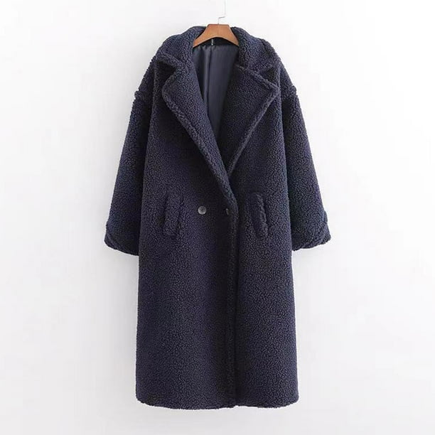 Chaquetas y abrigos casuales sin capucha de manga larga para mujer, cárdigan holgado de color liso para otoño e invierno, abrigo largo grueso y cálido de manga larga con peluche artificial para mujer