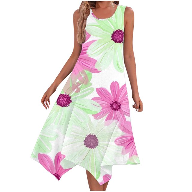 Ladies Summer Tops Impreso sin Mangas Cuello Redondo Vestido Casual para Uso Diario Y Casual