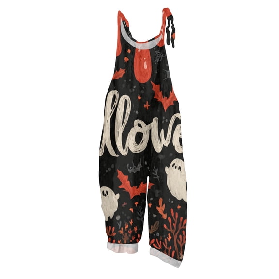 WTOBBY Women's Retro Suspender Jumpsuit Pants with Halloween Print, Casual Loose Fit in Cotton Linen Blend, Comfortable and Stylish for Everyday Wear,Hot PinkL