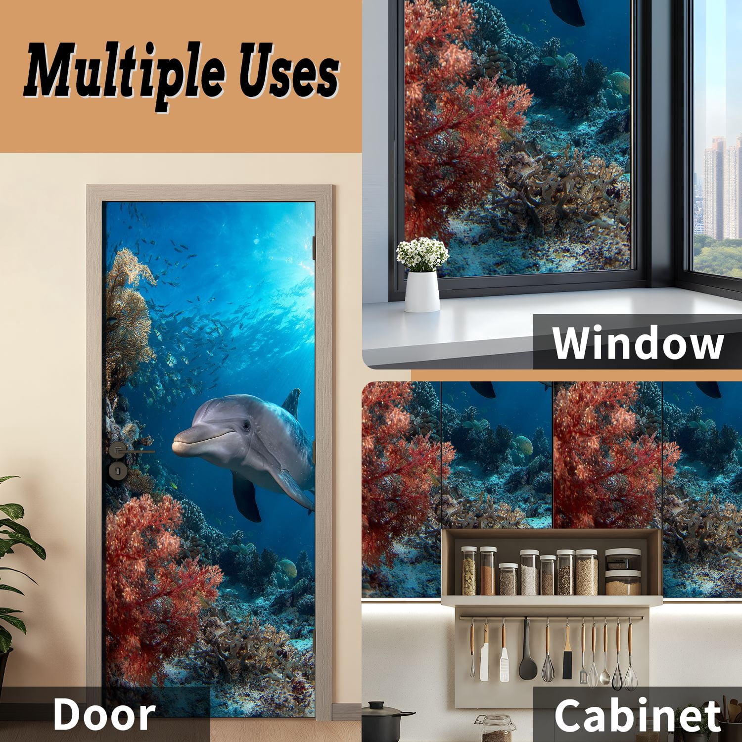 Self Adhesive Vinyl Refrigerator Wrap Set dolphin turtle underwater Door Mural Removable Fridge Sticker Peel and Stick&nbsp;Full Door Cover Decal Kitchen Bar Decor