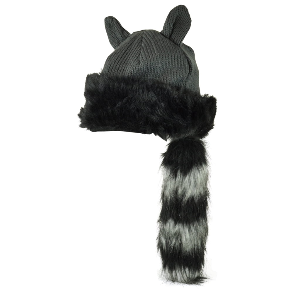 Raccoon Tail Crockett Hat Detachable Plain Animal Faux Fur Knit Beanie ...