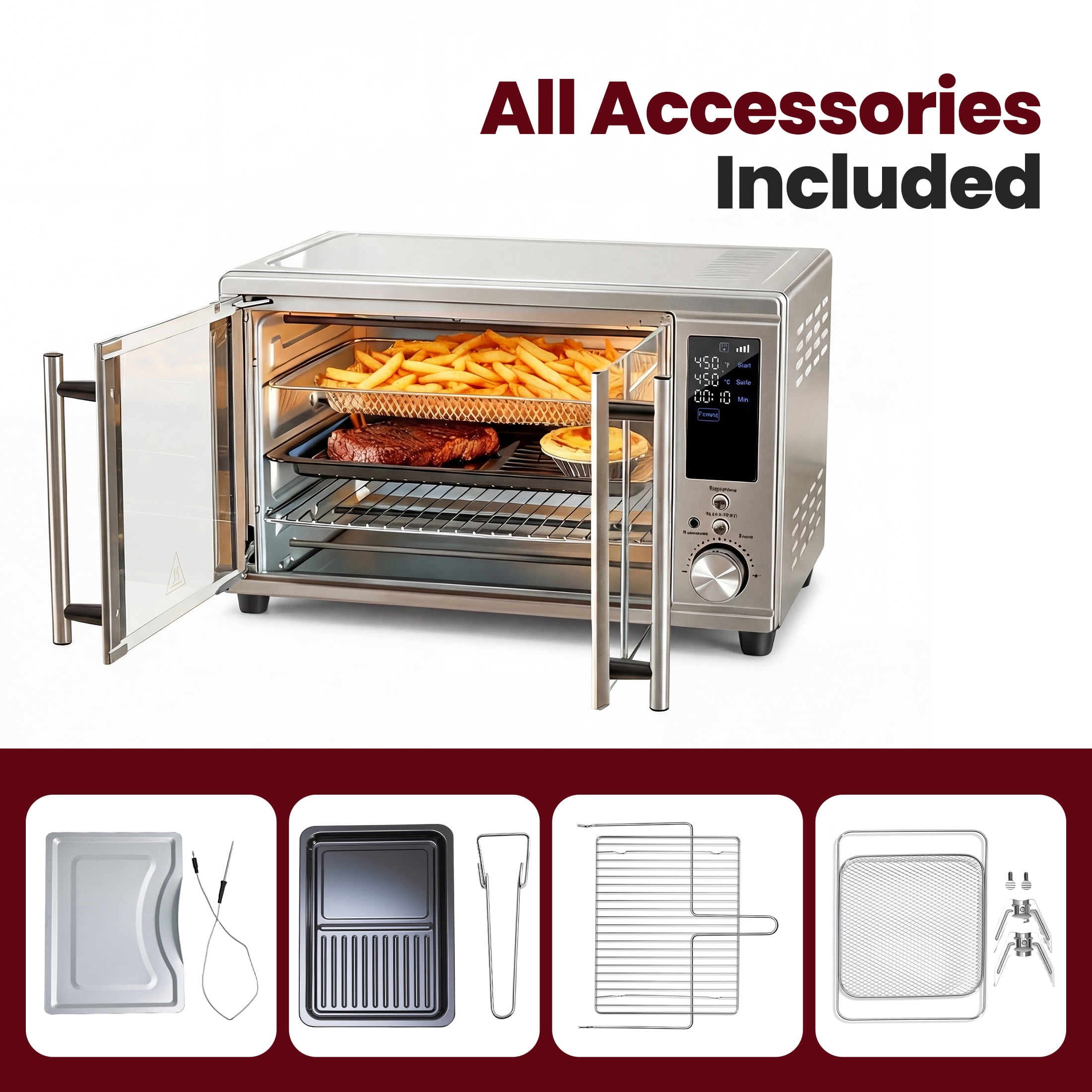 EDX 28L Silver Double-Door Air Fryer Oven, 4-in-1 Functions, 120V, 0-60min Timer, Free Tray & Rack & Tongs, Household Kitchen Use