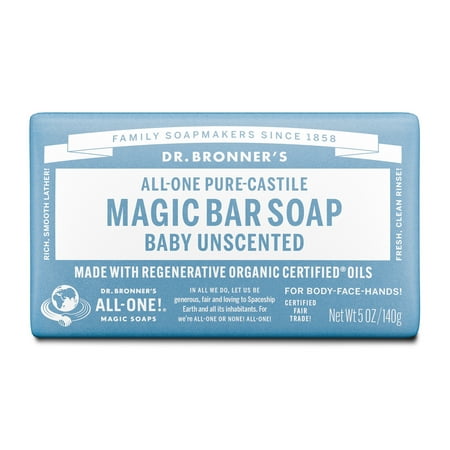 Dr. Bronner's Magic Bar Soap – Baby Unscented - Pure-Castile Soap - 5 oz - for face, body, hands