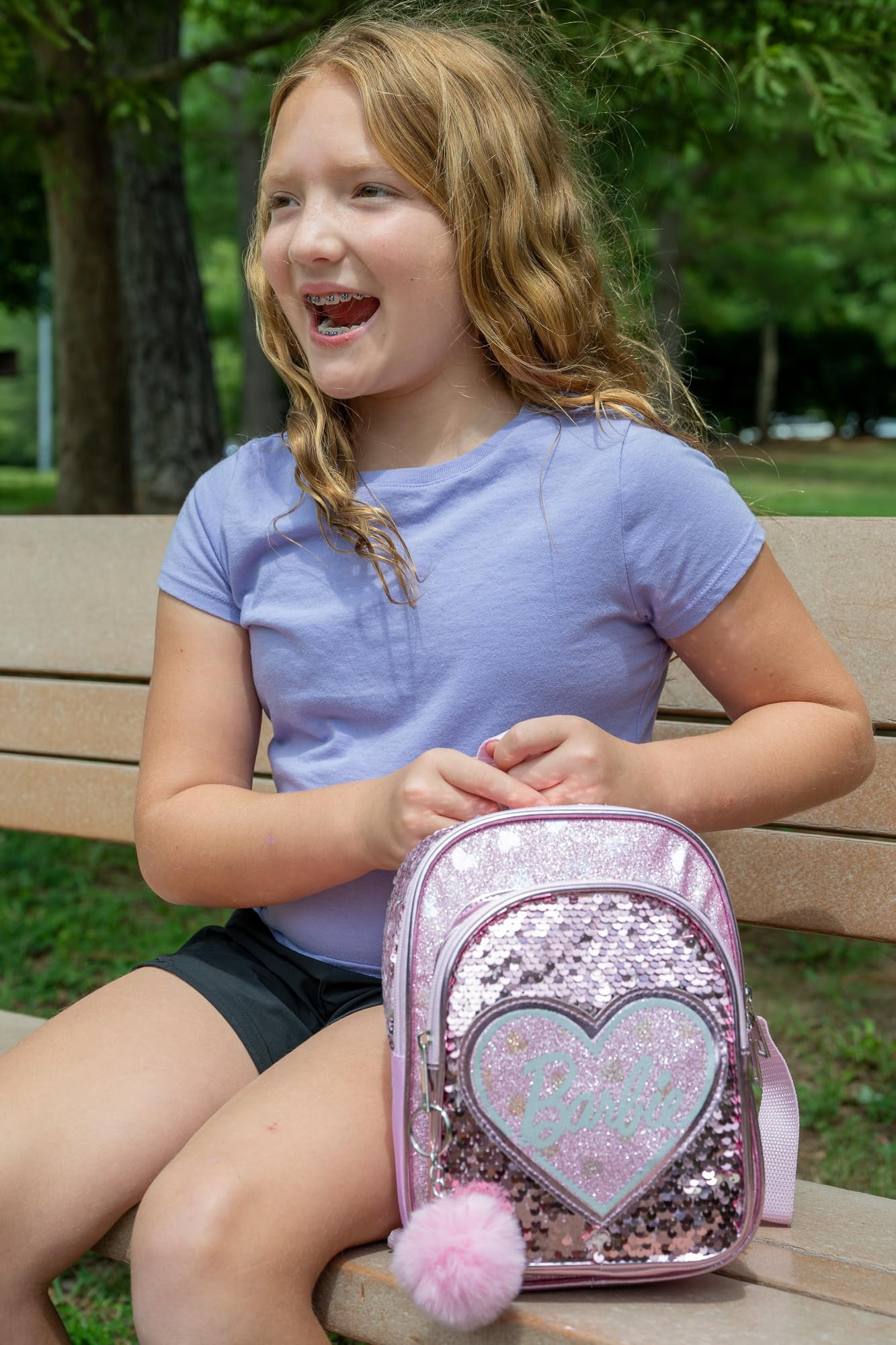 Barbie 9” Micro Mini Backpack Purse Featuring a 3D Heat Logo Patch, Sequins & Glitter PU, & Pompom Dangle, Pink