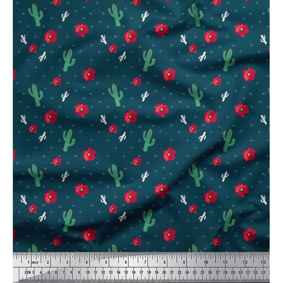 Soimoi Rayon Fabric Triangle,Floral & Cactus Tree Decor Fabric Printed Yard 42 Inch Wide