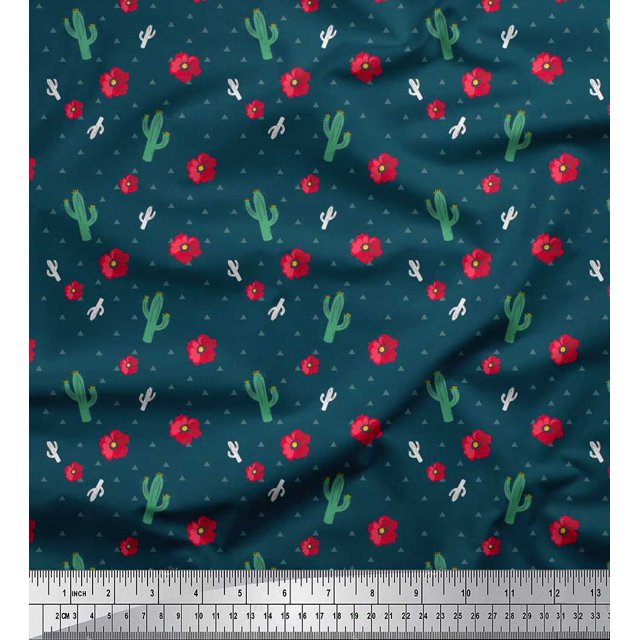 Soimoi Cotton Duck Fabric Triangle,Floral & Cactus Tree Print Fabric by the Yard 56 Inch Wide