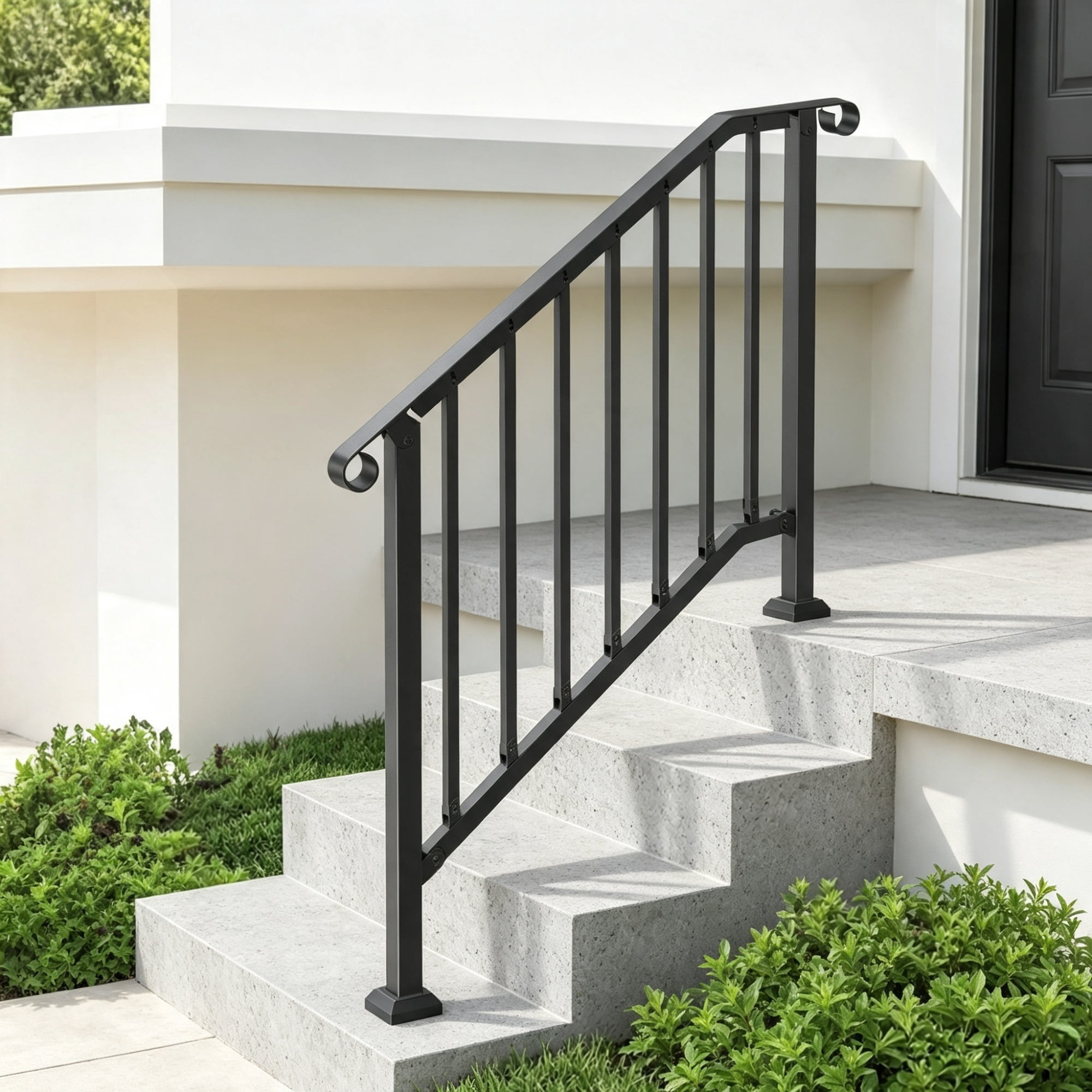 2-3 Step Outdoor Stair Handrail Kit, Black Retro Arch Carbon Steel Railing with Installation Kit