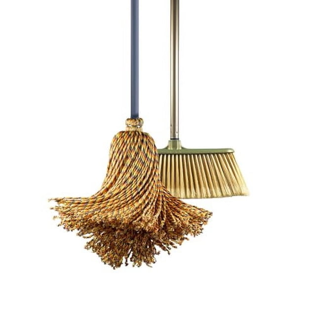 Kit 1 Trapeador Microfibra Española Y 1 Escoba Pelo De Ángel Color Dorado | SANRAM Mango de Aluminio Elegante