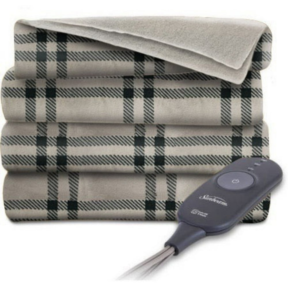 Sunbeam Electric Heated Throw Blanket Fleece, 3 Heat Settings, (Beige Plaid, 60Inch by 50