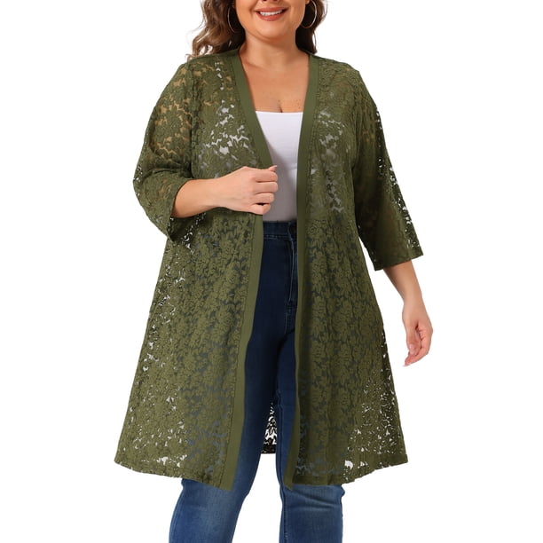 Cárdigans de mujer plus size Agnes Orinda, de encaje, ligeros, con mangas 3/4, cárdigans de cobertura 2X en verde ejército
