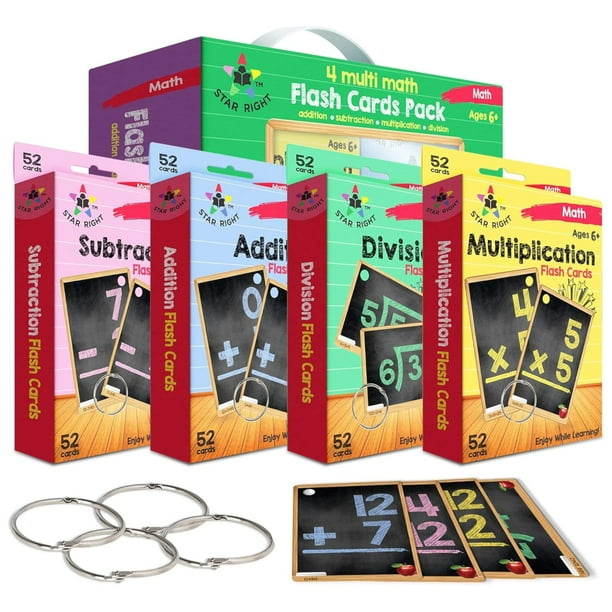 Juego de 4 tarjetas flash de matemáticas Star Right - Tarjetas didácticas de matemáticas Suma Resta División de multiplicación con 4 anillos - 208 tarjetas para niños de 6 años en adelante - Tarjetas