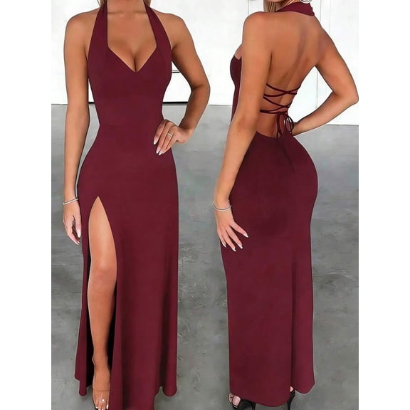 Burgundy Womens Deep V-Neck Halter Tie Backless High Slit Maxi Dress