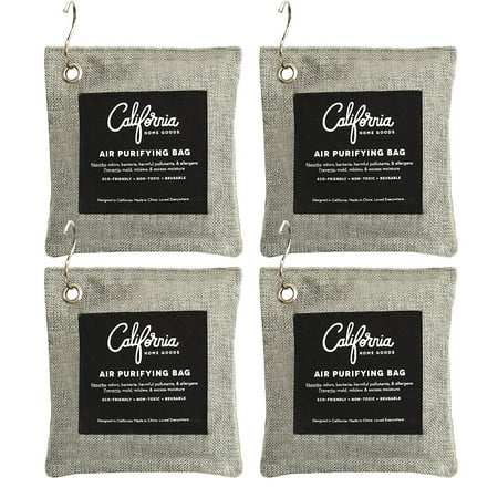California Home Goods 4 Pack with Hooks - 200g Activated Bamboo Deodorizer Natural, Air Purifying Bags, Dehumidifier, Odor Absorber, Odor Neutralizer for Home, Shoes, Car, Charcoal Colored,