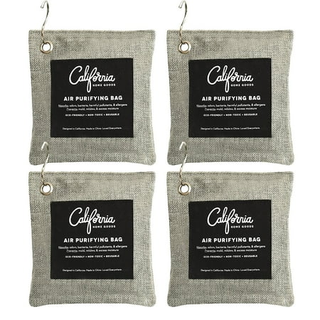Activated Charcoal Pets - California Home Goods 4 Pack with Hooks - 200g Activated Bamboo Deodorizer Natural, Air Purifying Bags, Dehumidifier, Odor Absorber, Odor Neutralizer for Home, Shoes, Car, Charcoal Colored, by