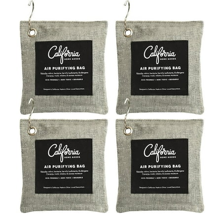 California Home Goods 4 Pack with Hooks - 200g Activated Bamboo Deodorizer Natural, Air Purifying Bags, Dehumidifier, Odor Absorber, Odor Neutralizer for Home, Shoes, Car, Charcoal Colored, (Best Basement Odor Absorber)