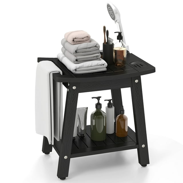 Gymax Shower Bench Seat HIPS Shower Stool w/Handle Shower Head & Soap Holder Black