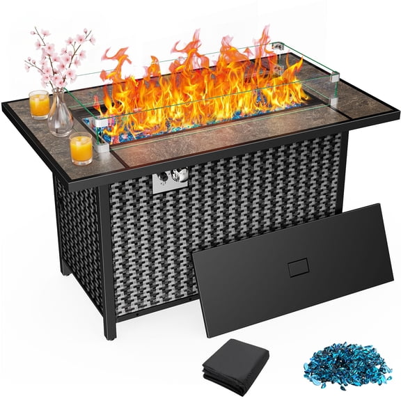 Philergo 43.2" Propane Fire Pit Table with Marble Tabletop, 52,000 BTU Rectangular Fire Pit with Glass Rock, Lid and Waterproof Cover for Outdoor, Patio Party