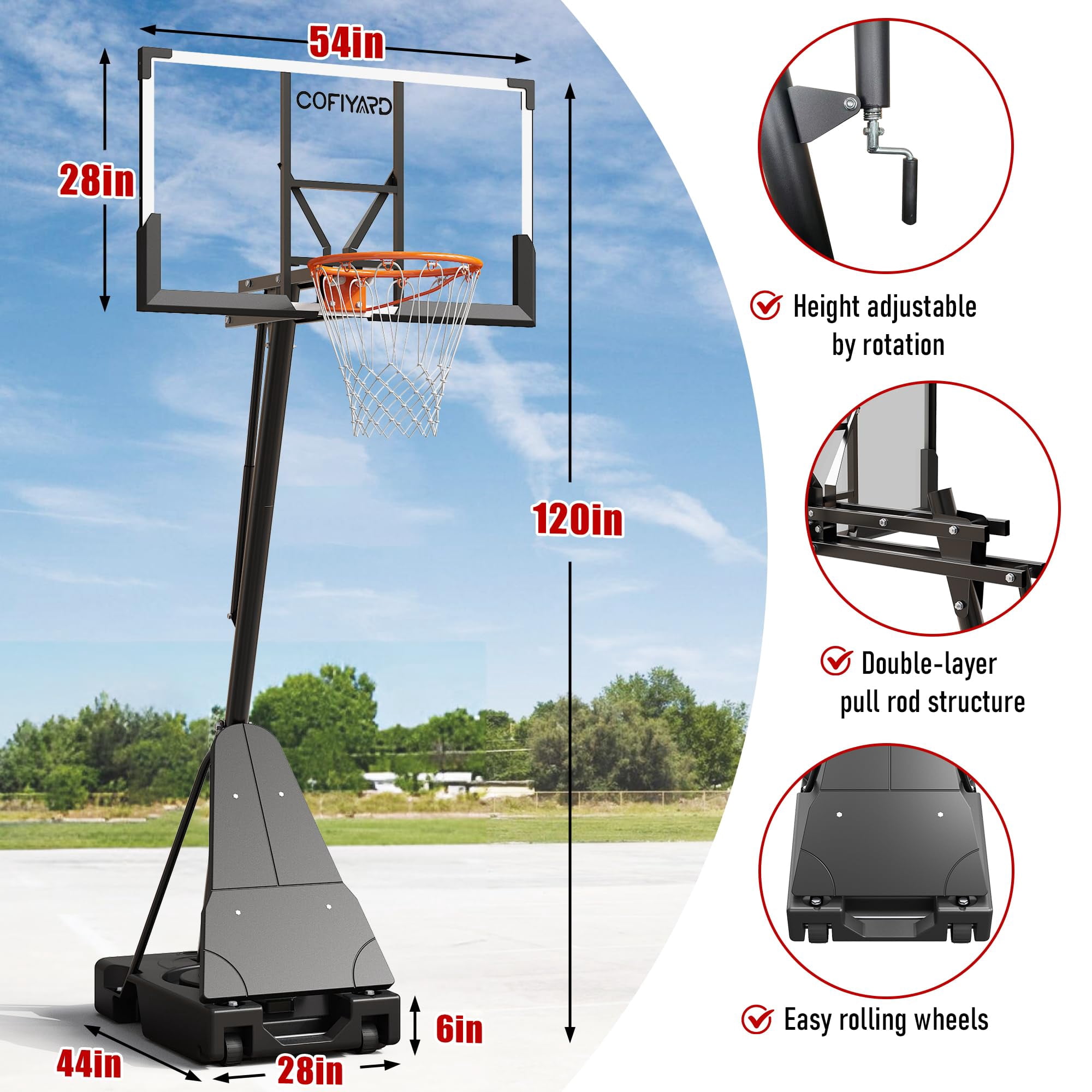 Cofiyard 54 inch Shatterproof Backboard Basketball Hoop, 5.25-10FT Height Adjustable Portable Basketball Goal System with Sandbag,