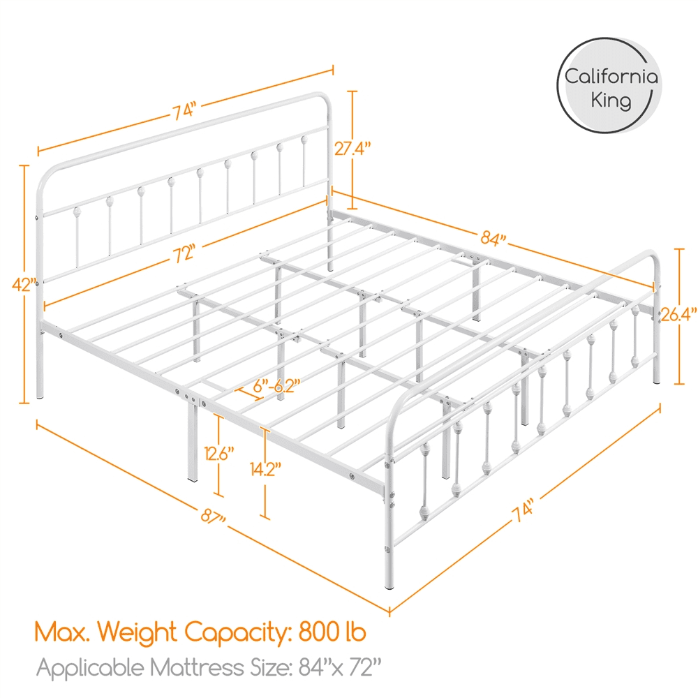 Alden Design Metal Platform California King Bed with High Headboard, White