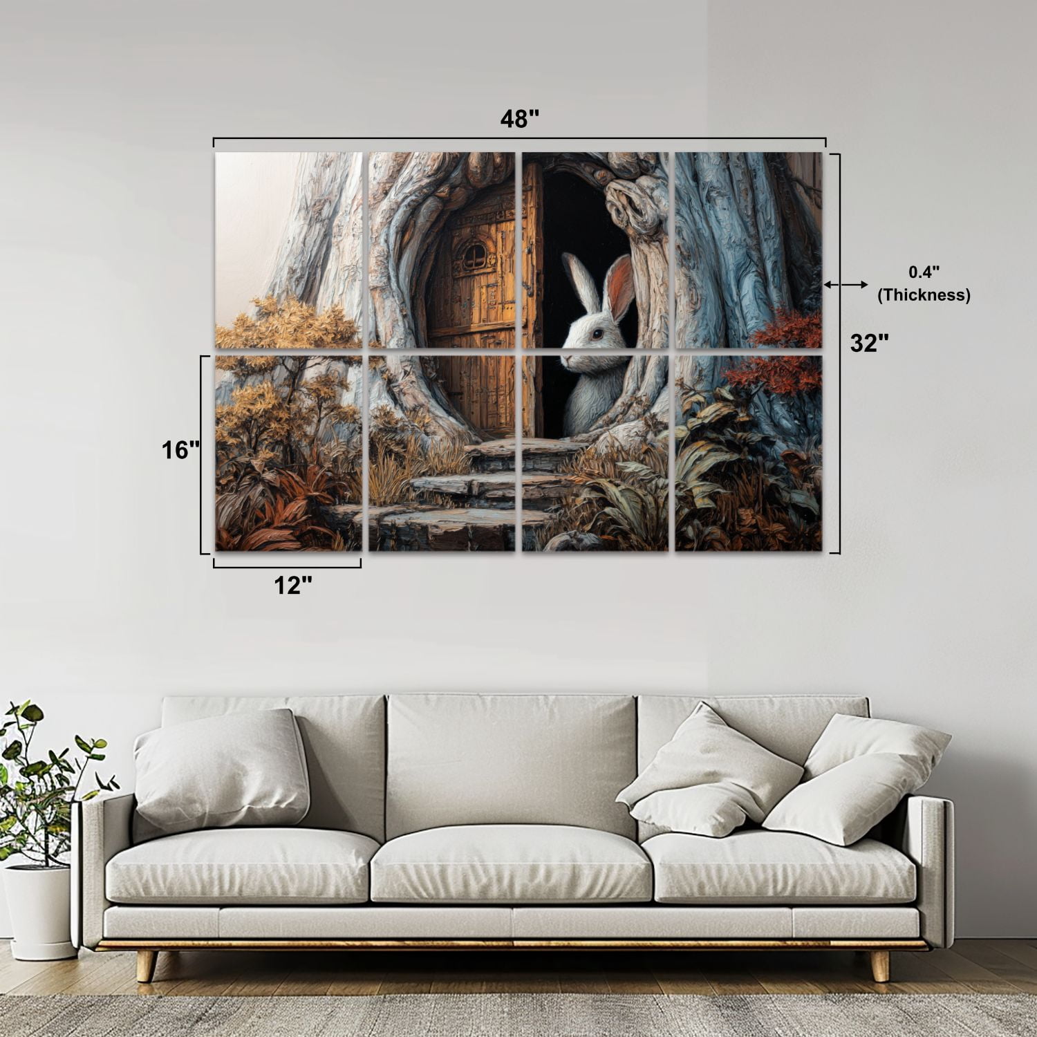 8 Pack Art Acoustic Panels Whimsical Rabbit Fantasy Tree House Forest Rabbit Swing Tree Door Self Adhesive Sound Absorbing Panels for Home Office Studio Media Room 48"x32"