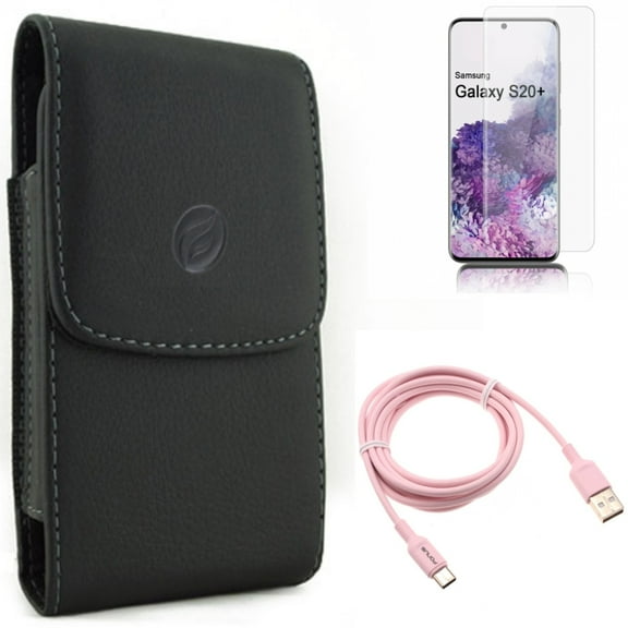 Case Belt Clip w 6ft USB-C Cable w Screen Protector for Samsung Galaxy S20 Plus - Leather Holster Cover, Pink Charger Cord Power, Tempered Glass [Fingerprint Unlock] 3D Curved fits Galaxy S20 Plus