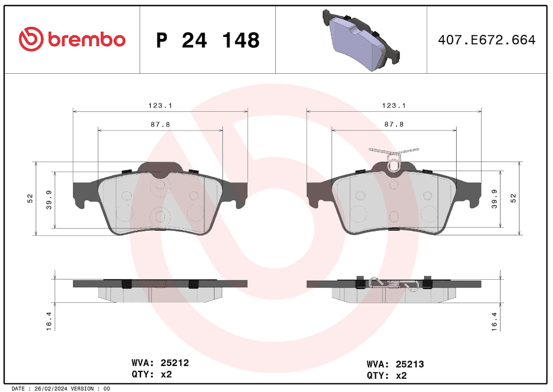 Brembo P24148; Brake Pad; PRIMELINE; FMSI Number D1095-7957/ D1095-8248/ D1564-7957/ D1931-9155; Low-Metallic; Set Of 4