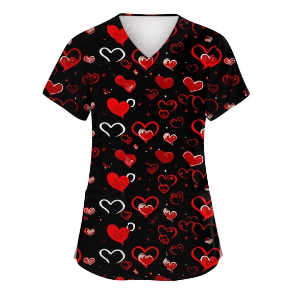 Valentine's Day Womens Scrub Top V Neck Cute Heart Printed Scrub Tops Valentine's Day Scrub Tops Working Uniforms with Pockets