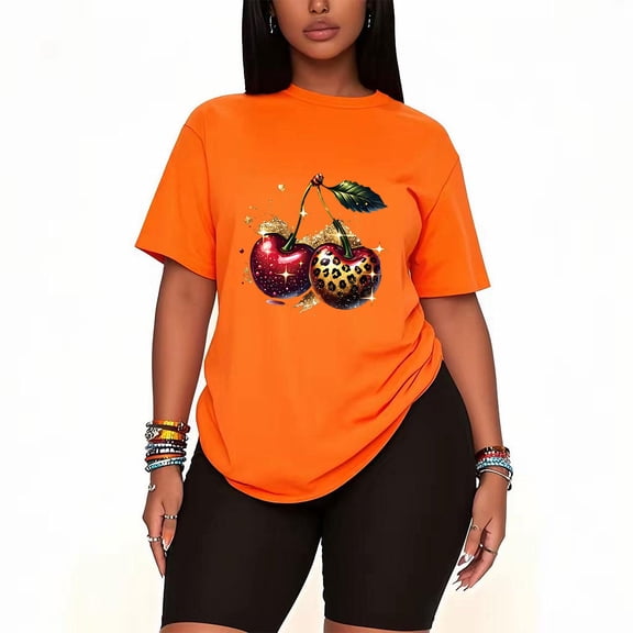 Womens 2 Piece Oversized Lounge Outfit Casual Summer Sets Coquette Cherry Graphic Cute Funny Printed Crew Neck T-Shirt and Shorts Matching Clothing Set-Orange-5XL