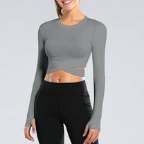 DAFPZW Long Sleeve Crop Tops for Women Tummy Cross Fitted Yoga Running Shirts Gym Workout Cropped Tops