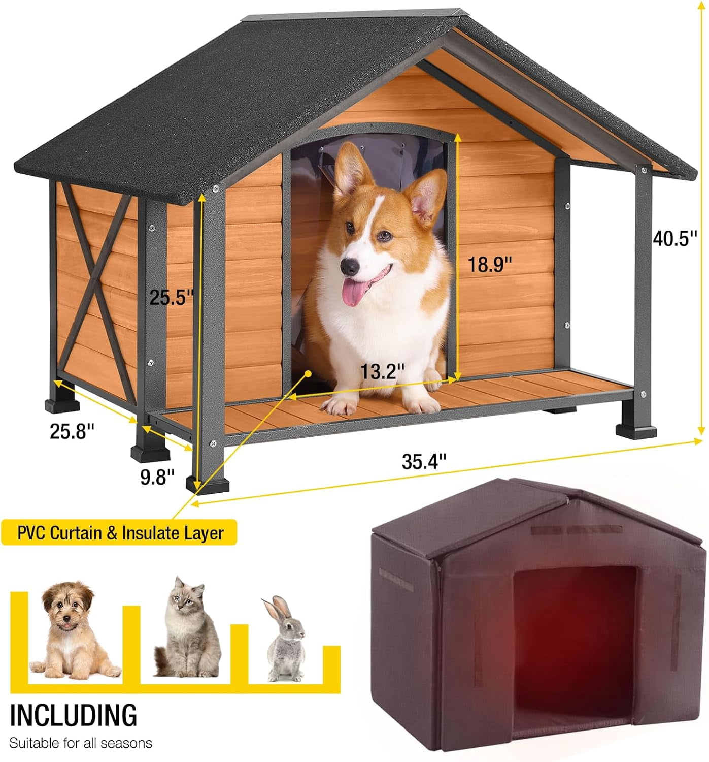 Aivituvin Insulated Dog House with Insulated Liner, Anti-Chewing Iron Frame 34.3" Large Outdoor Dog Kennel for Winter, Weatherproof