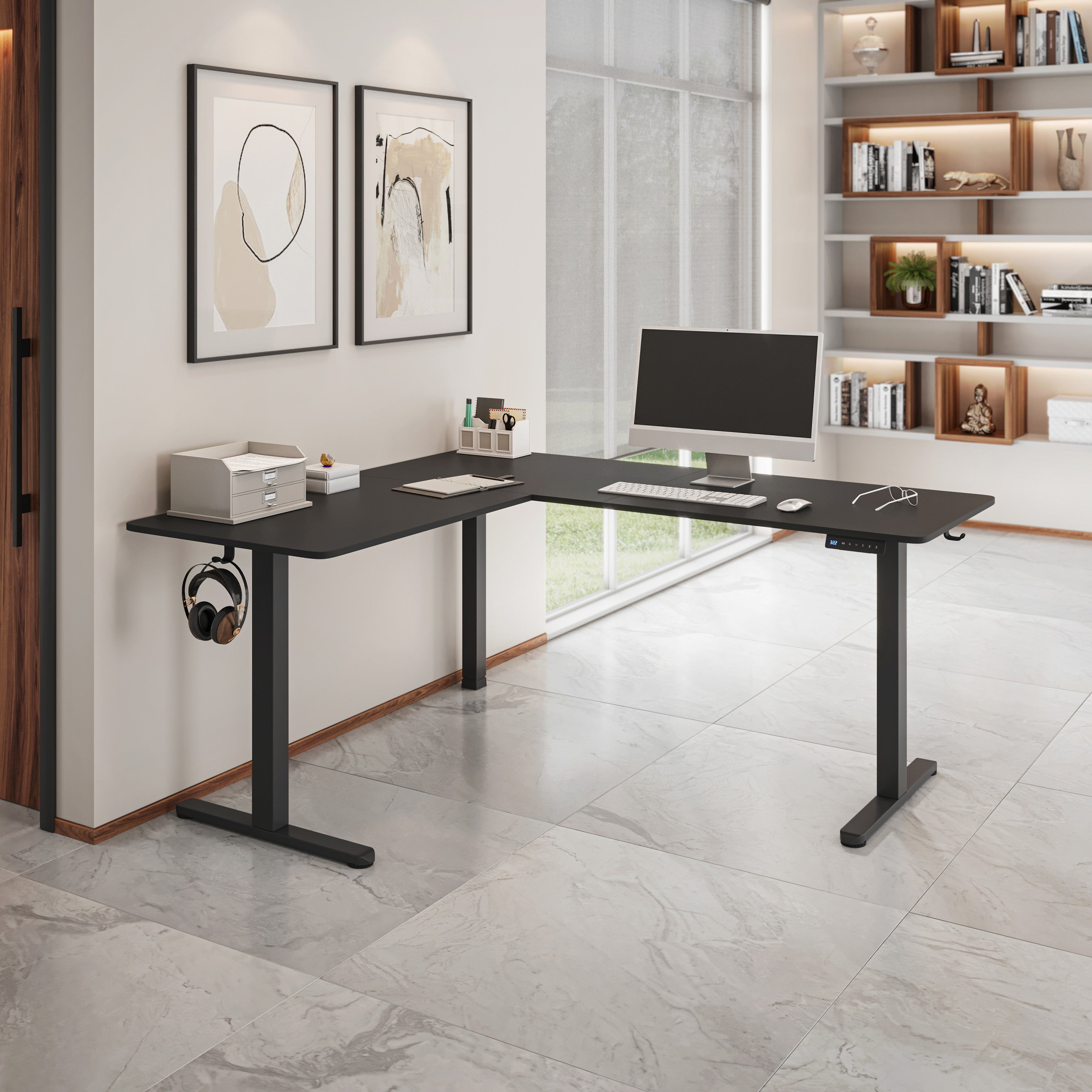 Techni Mobili 63” W L-Shaped Electric Standing Desk with Spacious Desktop, 3 Memory Height Presets and 2 Accessory Hooks, Black
