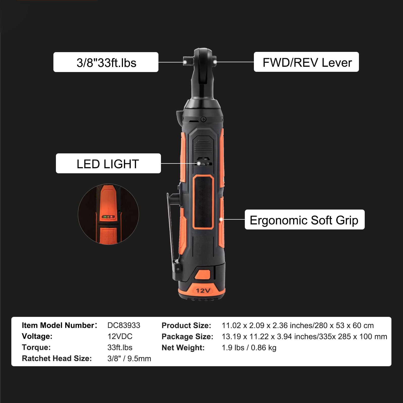 Cordless Electric Ratchet Wrench, 3/8 Inch, 33 ft-lbs Torque, 12V Motor, 2 x 2.0Ah Batteries, Fast Charging, 9 Sockets, LED Light, for Automotive & Mechanical Repairs