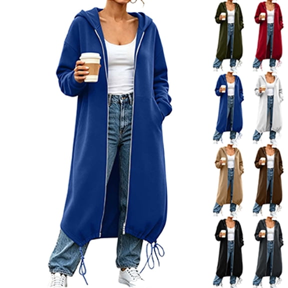 Jacket Dqueduo Women's Winter Full-Zip Long Sleeve Sweatshirt Maxi Coat – Solid Color with Pockets Blue L