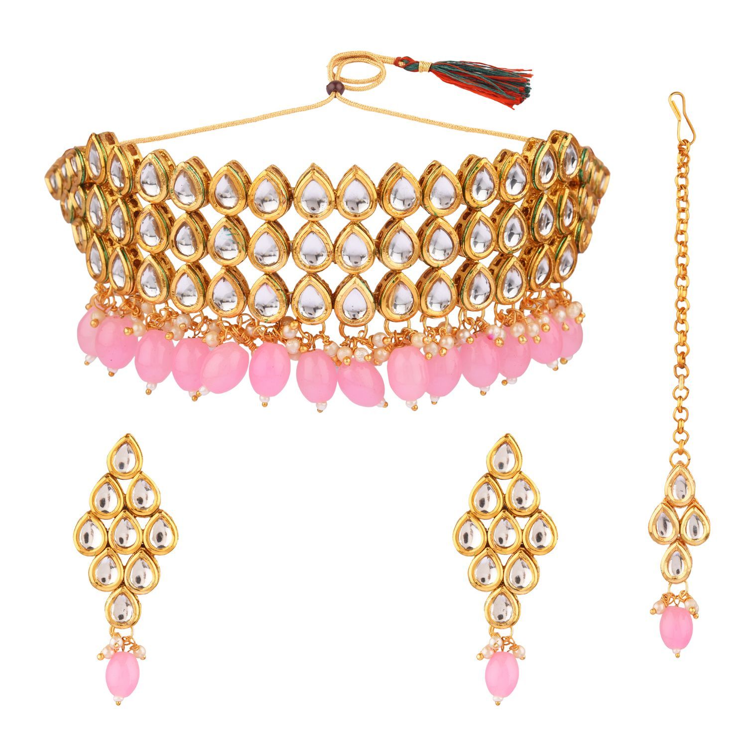 Efulgenz Indian Bridal Pink Choker Necklace Earrings with Maang Tikka