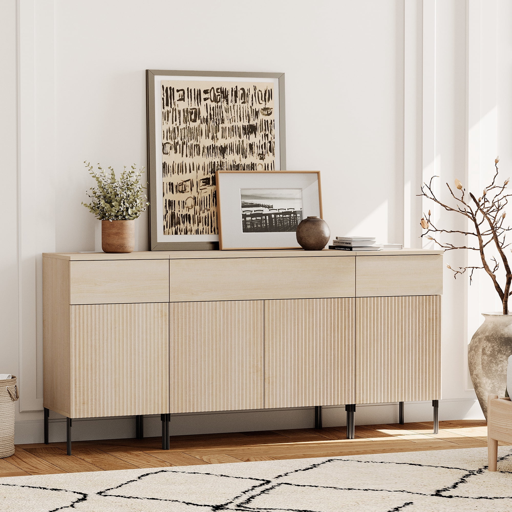 63" Modern Wood 3-Drawer Dresser with Reeded Design, Minimalist Dresser Organizer Storage With Charging Station for Bedroom,Living room, Entryway