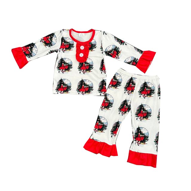 Ropa navideña para niñas, conjunto de pijamas de manga larga, diseño de botones de encaje frontal, tela de seda de leche con patrón navideño para niñas